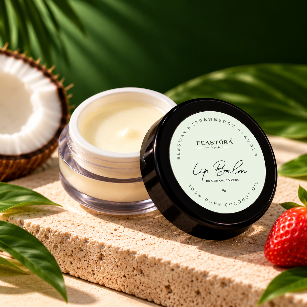 Feastora Organic Lip Balm, Beeswax and Strawberry Flavour, 8g