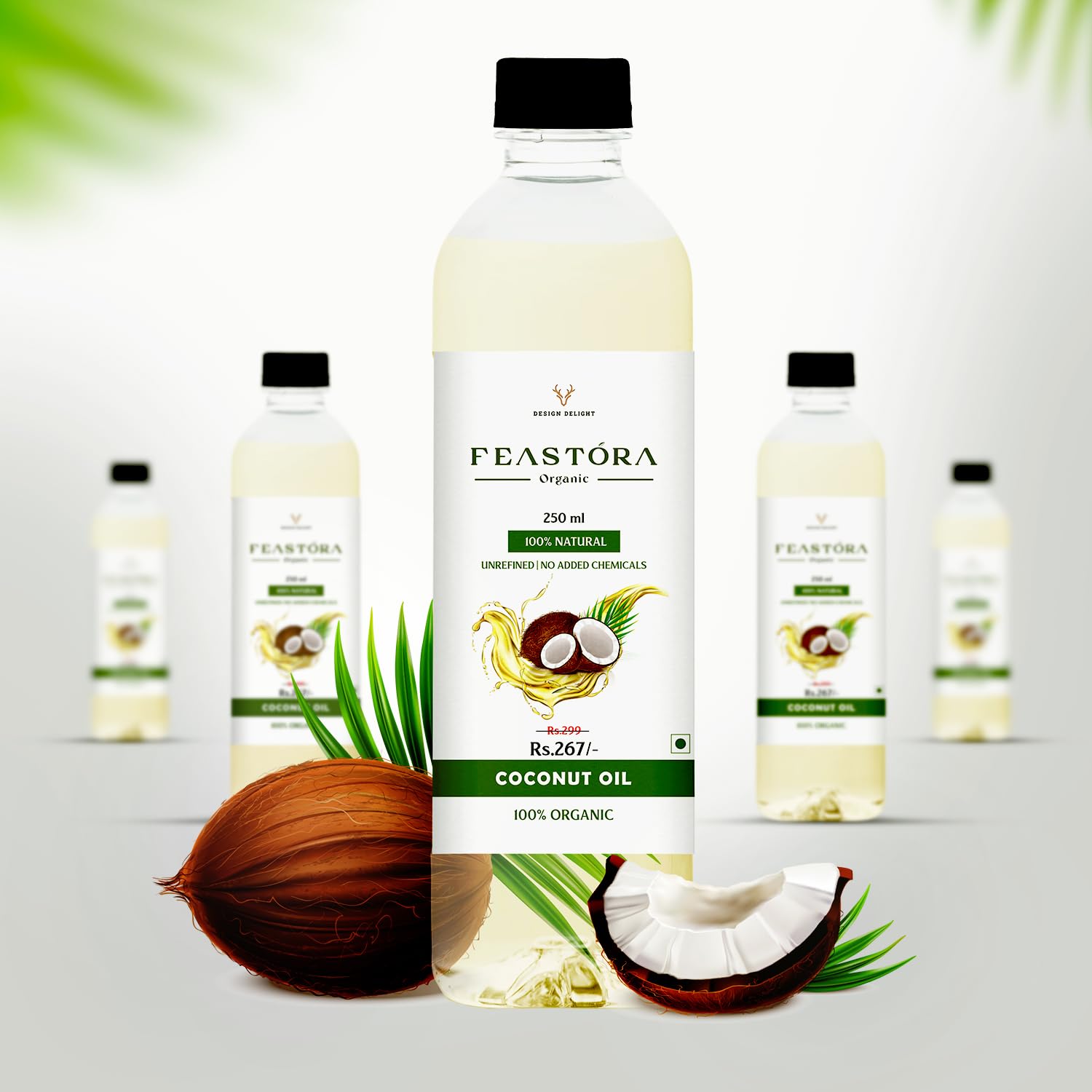 Feastora coconut oil bottles lineup