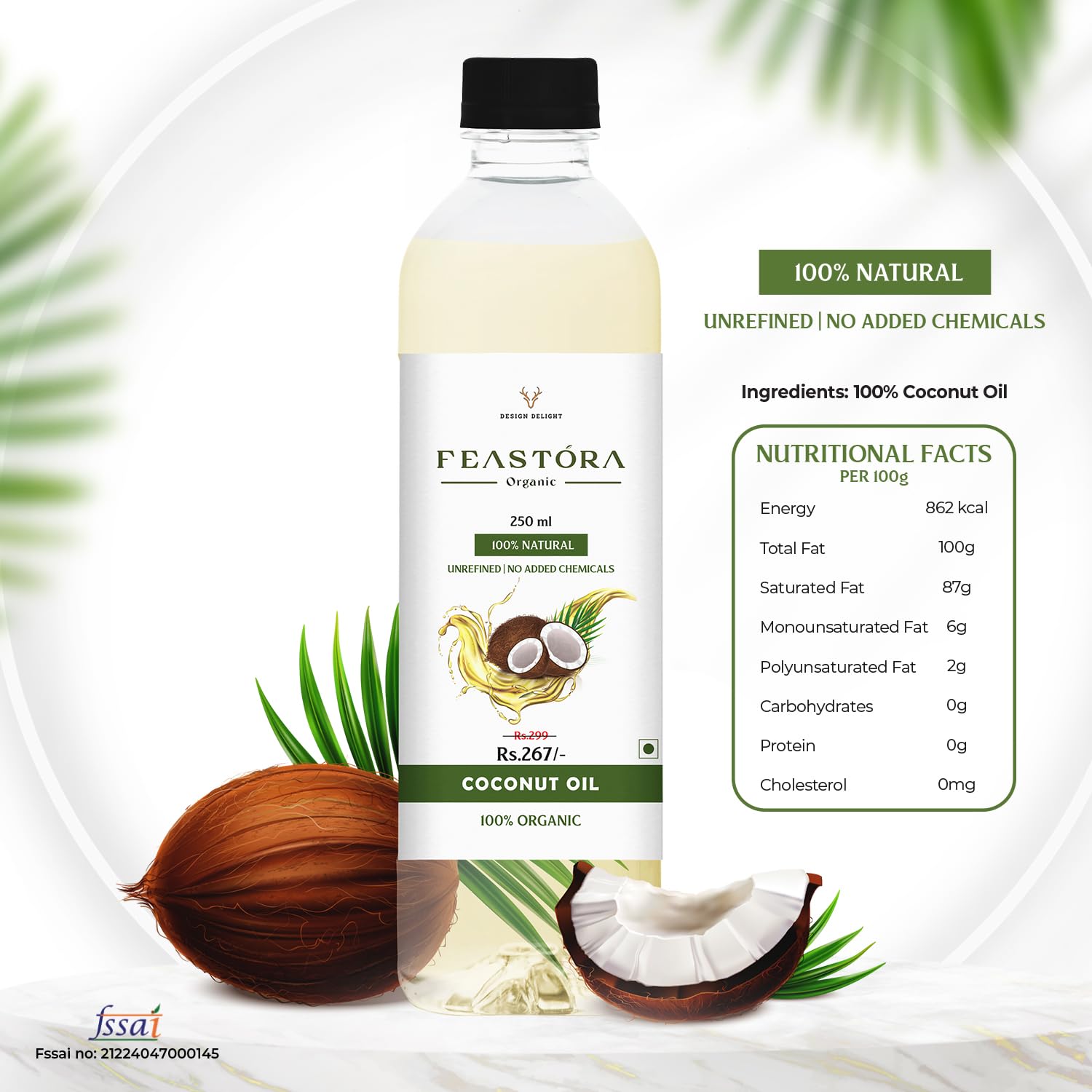 Feastora coconut oil nutrition label
