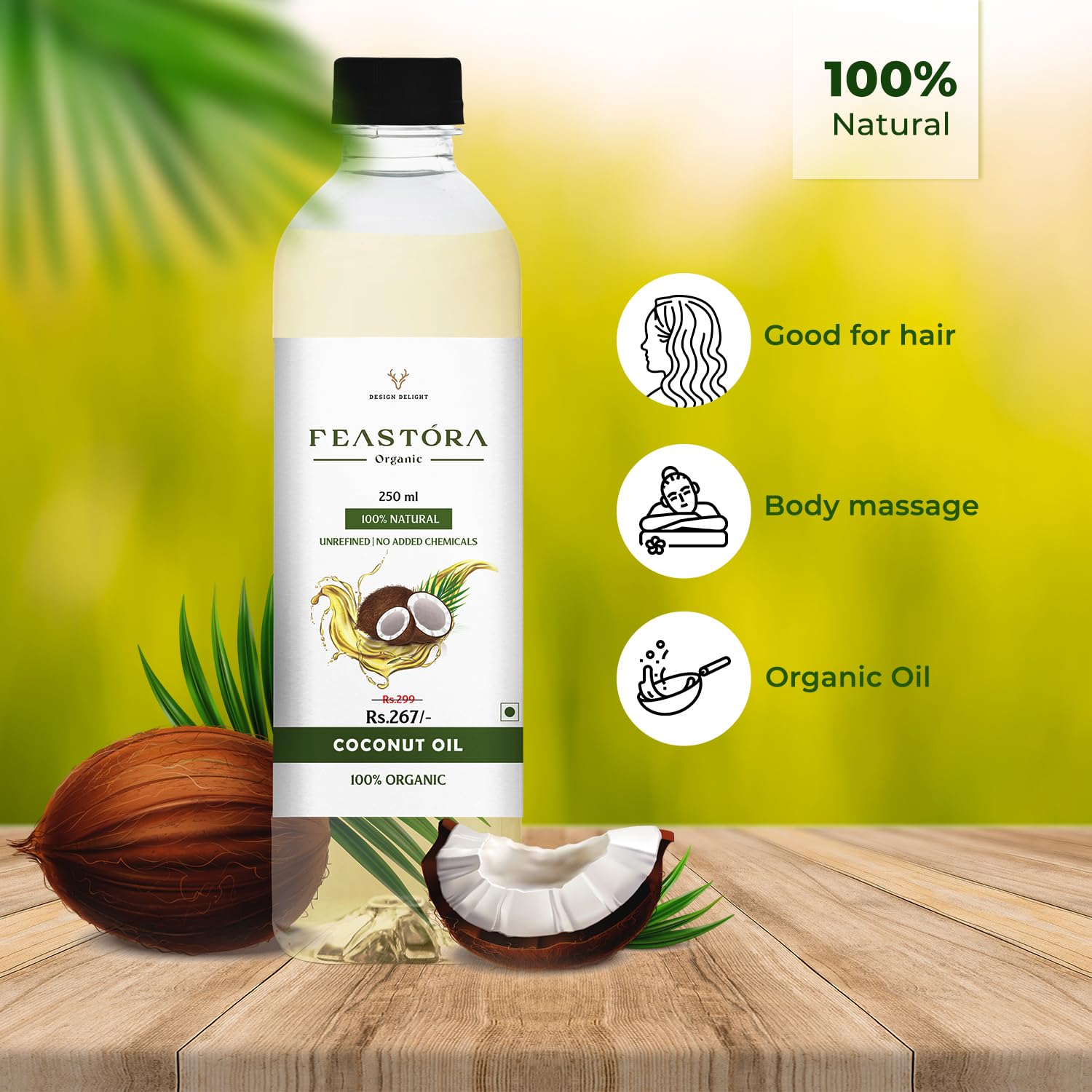 Feastora coconut oil uses — hair, massage, cooking